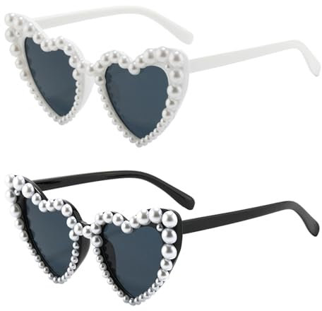2 STK Retro Herz Sonnenbrille Perle Vintage Sonnenbrille Klassisches Schwarz-Weiß Farbschema Herzform mit Perlen Retro Partybrille UV400 Schutz Bride Herz JGA Brille Kostümbrille Trendy Herzbrille