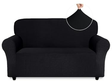 Easy-Going Stretch Sofa Überzug 2 Sitzer, Rutschfester Sofabezug für Hund Katze, Stilvoller Jacquard Couch Überzug Bezug, Weicher Küchensofa Couch Cover, 1 Stück Sofaschoner mit Armlehnen, Schwarz