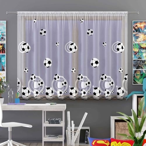 Gardinen Vorhangen Weiß 200x150 cm (BxH) Barcelona Fußball Motiv Jacquard Kinder Gardinen mit Kräuselband Kurz Kinderzimmer Junge Scheibengardine Wohnzimmer Vorhänge Fertiggardine