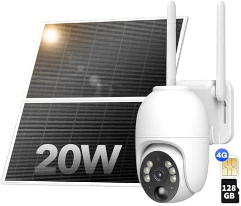 NUASI 4G LTE Caméra de Surveillance Solaire avec 128Go Carte mémoire, caméra extérieur 2K NO Wi-FI avec Panneau Solaire 20W PTZ sans Fil avec Batterie, détecteur de Mouvement PIR, Imperméable IP66