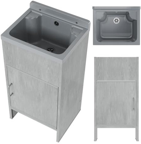 Granitan Lavabo avec meuble bas - En plastique - Pour garage, cave et atelier - Meuble bas avec portes des deux côtés - 42 x 34 x 24 cm - Gris