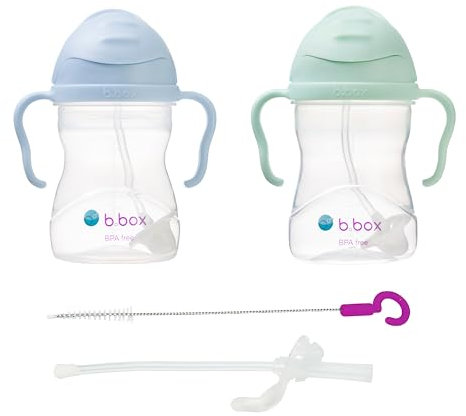 b.box Trinklernbecher 2er Pack mit Ersatzstrohhalme und Reinigungsbürste | Flip-Top, Schwerer Strohhalm, Griff, Auslaufsicher | BPA-Frei & für Spülmaschine | Ab 6 M | 2 x 240 ml