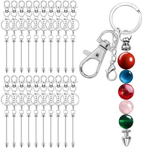 Kit de fabrication de porte-clés à perles 20 pièces, barre de porte-clés à perles en forme de balle en métal, kit de fabrication de porte-clés à faire soi-même en argent vierge, barres de porte-clés