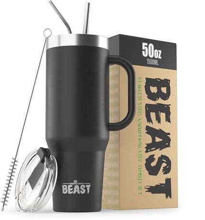 Beast Tumbler - 1500 ml (50 oz), Matte Black | Reusable Stainless Steel, Vacuum Insulated Cup | with + 2 Straws & Cleaning Brush | Double Wall Travel Flask Perfect for Hot or Iced Coffee | BPA Free
