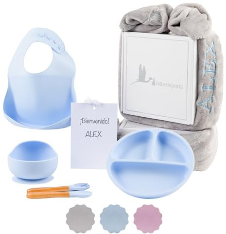 BebeDeParis | Regalo Ecológico Personalizado para Bebé - Vajilla de Silicona + Accesorios Personalizados (Azul, Vajilla + Manta)