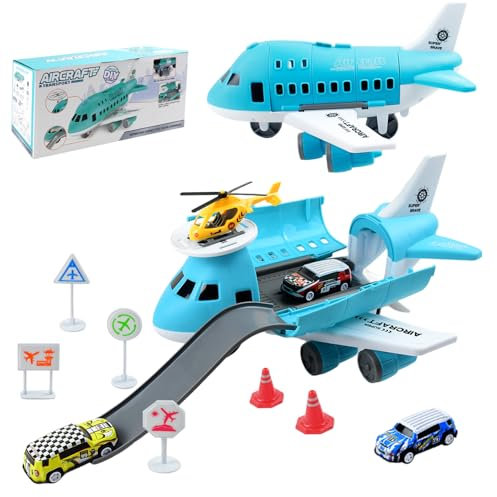 Transport Airplane Cargo Plane Car Kids Toys Set with 3pcs Small City Cars, 1pcs Helicopter Toy and 6pcs DIY Traffic Signs Gift Toys for Boys Girls 3+ Years Old