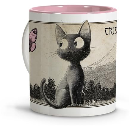 LolaPix Taza personalizada con nombre. Dibujo de Gato Estilo Anime. Tazas Originales para Regalar. Regalos Frikis Mujer. Regalos para Amantes de los Gatos. Gato Jiji. Taza Rosa