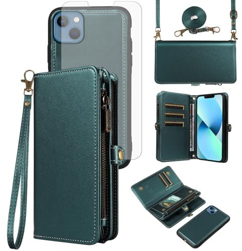 Phone Case for iPhone 13 Mini 5.4 inch Zipper Wallet Detachable Cover with Screen Protector Crossbody Lanyard Strap Flip Card Holder Slot iPhone13mini i-Phone 13minicase i iPhone13 13mini Dark Green