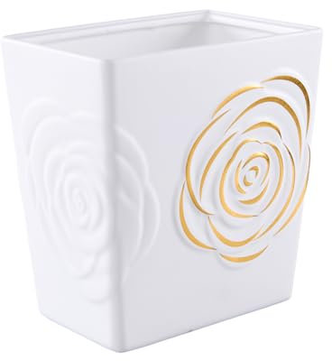 White Ceramic Trash Can with Gold Rose – 2.5 Gallon Small Bathroom & Kitchen Garbage Bin, Decorative Waste Basket for Bedroom, Office, Hotel – Elegant Floral Design, Heavy Duty (9 Liter, Gift Idea)