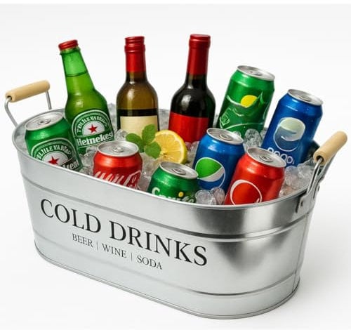Trendi 20L Large Oval Party Tub – Galvanized Steel Beverage Cooler with Wooden Handles, Ice Bucket for Indoor/Outdoor Use, Ideal for BBQs, Parties, Events, and Drink Serving