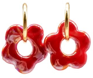 Feliss Creolen Gold Blumen Ohrringe mit Keramik Blume | Kleine Hoop Earrings 80er Jahre Edelstahl Creole mit Anhänger Boho Schmuck Damen Modeschmuck Y2K Accessoires hängend