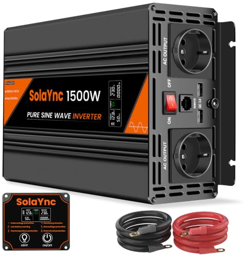 SolaYnc 1500W Wechselrichter 12V auf 230V Reiner Sinus Spannungswandler | mit LCD-Bildschirm,Fernbedienung,EU Steckdosen,USB Port,Geeignet für Wohnmobil,Camper,Solaranlagen