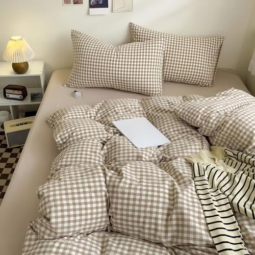 Covebett Bettbezug, 140 x 200 cm, kariert, Vichy-Karo, Beige, Braun, modern, Bettwäsche für Erwachsene, Einzelbett, Bettbezug aus Mikrofaser, Bettwäsche mit Reißverschluss und 1 Kopfkissenbezug, 65 x
