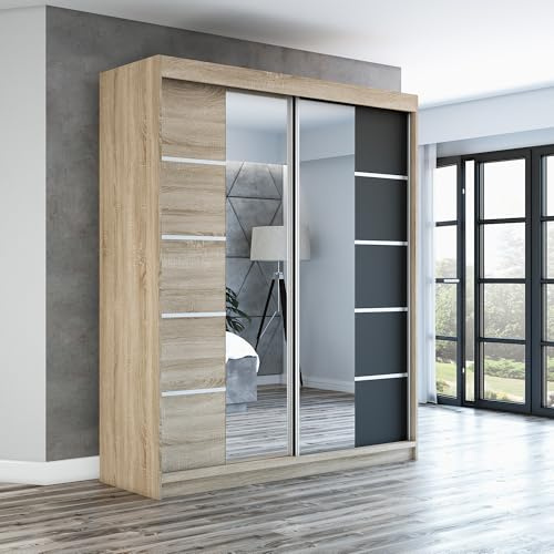 A&J MöbelLand Schwebetürenschrank ERA Kleiderschrank 2-türig mit Spiegel, Garderobe 180 cm (Sonoma/Sonoma/Schwarz)
