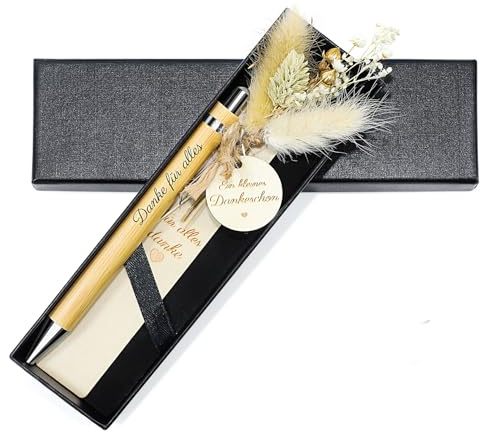 Auibor 2er Set Dankeschön Geschenke, Abschiedsgeschenk, Geschenk zum neuen Job, Geschenkbox Kugelschreiber mit Gravur, Trockenblumen, Holzanhänger & Lesezeichen, für Kollegen Lehrer Ärzte Freunde (1)