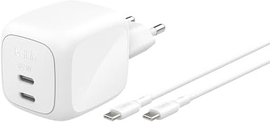 Belkin BoostCharge Pro Chargeur USB C 67 W, Chargeur GaN 2 Ports | Câble 2 M Inclus, Recharge Rapide pour MacBook, iPhone, iPad Pro, Chromebook, Samsung Galaxy, Pixel, etc.- Blanc