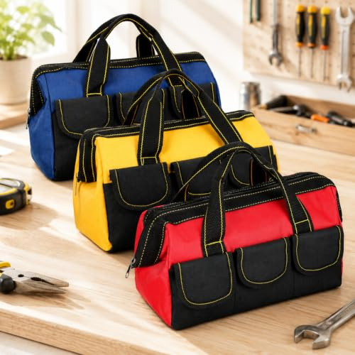 Xygobla 3 Pack Wide Open Mouth Tool Storage Bag | 13 Inch Multi-Purpose Waterproof Tools Tote Bag with 5 Pockets, Heavy Duty Organiser for Home Repairs & Garage