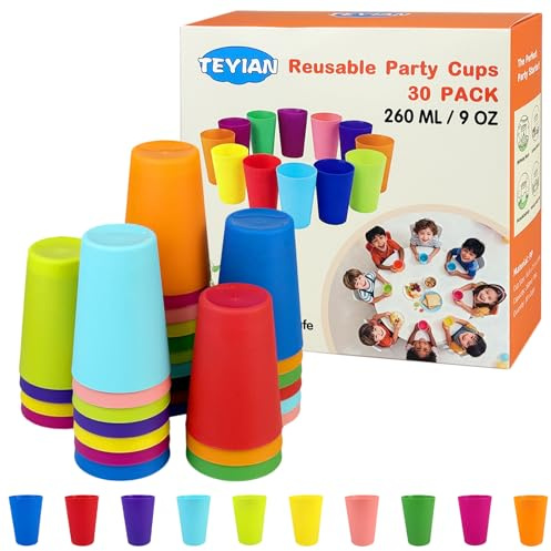 TEYIAN 30 Pack Tumblers 260ml Reusable Plastic Cups Drinking Tumblers Durable Plastic Tumbler Set for Kitchen Outdoor Party Picnics Camping BBQ -10 Colour