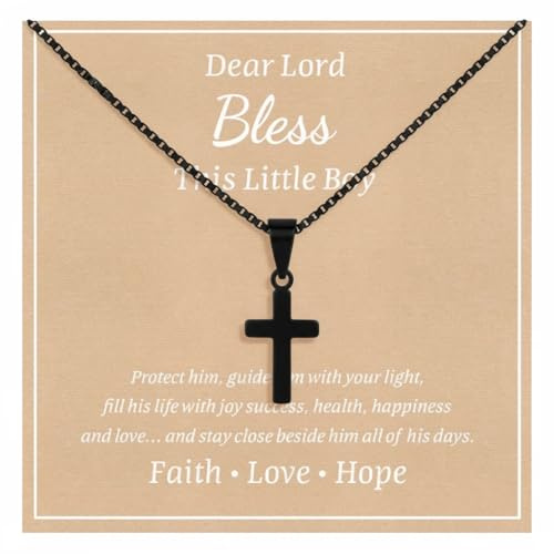 HotoPink Christening Cross Necklace for Boys, Stainless Steel Cross Chain Necklace for First Holy Communion Baptism Christian Gifts Easter Gifts for Teenage Boys Son Nephew Toddler