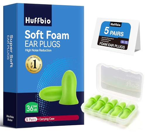 HUFFBIO Ear Plugs for Sleep – 36dB SNR Lab-Tested Noise Reduction, Ultra-Soft Adaptive Density Foam, Pressure-Free Comfort | 5 Pairs for Side Sleepers, Snoring & Travel