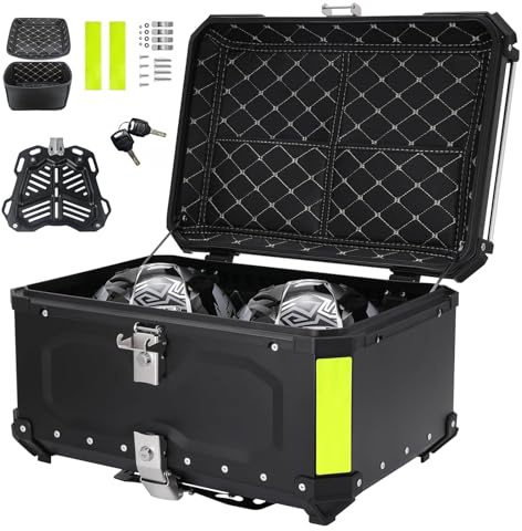 YJYAJIE Top Case Moto 65L Universel en Aluminium – Étanchéité IP68, Coffre Arrière Sécurisé Antivol pour 2 Casques, Démontage Rapide pour la Plupart des Motos & Scooters (Noir)
