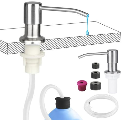 Kitchen Sink Dispenser, Sink Soap Pump Countertop Built in Stainless Steel Soap Dispenser with 39” Extension Tube Kit for Kitchen Bathroom, with 3 Size Bottle Cap (sliver)