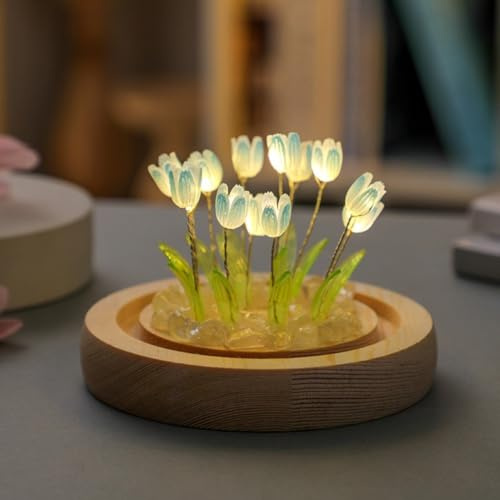 Rosa Tulpennachtlicht für Mädchen und Frauen, Glas-Blumenlampe mit Holzsockel, Nachttisch-Dekoration, 10 x 10 x 10 cm, ästhetische Heimdekoration für Schlafzimmer oder Schreibtisch (20 blau)