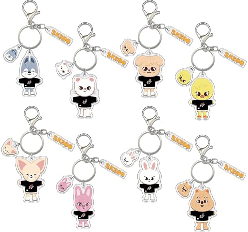 Ainvliya 8 Stück K-Pop Idol Schlüsselanhänger Set - Cute Acryl Anhänger Stray Schlüsselanhänger Niedliche Cartoon Tierfiguren Kpop Merch Schlüsselring für Fans, Zubehör für Taschen & Rucksäck