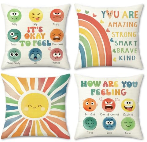 COZZSNUGE Ruheecke Kinder Kissenbezüge 45 x 45 cm, Regenbogen Sonnen Polyester Dekorative Kissenhülle Zierkissenbezüge für Sofa Klassenzimmer Leseecke Kindergarten 4er Set