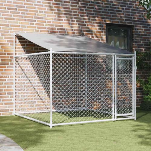 Hundezwinger mit Dach und Tür, Grau, 2x2x2 m, verzinkter Stahl, robuster Laufstall für Hund, Welpe und Haustier, sicheres Außengehege