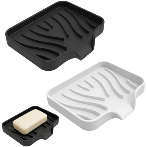 2Pcs Silicone Soap Dish with Drainage, Anti-Slip Shower Soap Holder, Self Draining Soap Dish for Shower, Bathroom & Kitchen, Keep Soap Dry & Easy Cleaning (Black White)