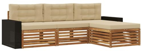 vidaXL Outdoor-Sofagarnitur mit Kissen 4 pcs Natur und Beige Polyester, Garten Sofa, modernes Lounge Set, entspanntes Terrassenmöbel für chillige Stunden, bequem und stylisch