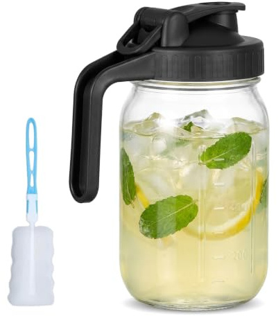 Glass Milk Pitcher Jug, Leakproof Glass Jug with Lid and Pour Spout, 32 oz Milk Pitcher for Fridge Door, Clear Glass Milk Jug with Cleaning Brush, for Breast Milk, Cold Brew, Juice Storage Black
