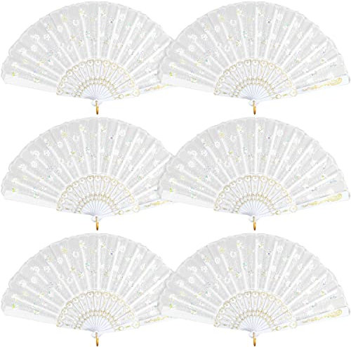 Granmp 6 Packs White Spanish Floral Folding Hand Fan Women Lace Fan Handheld Fans for Wedding and Home Decoration