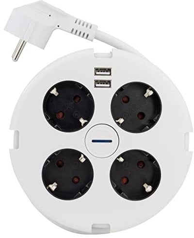 REV Steckdosenleiste PowerDisc - Mehrfachsteckdose 4-Fach mit 2X USB & Schalter, 1,4m, weiß