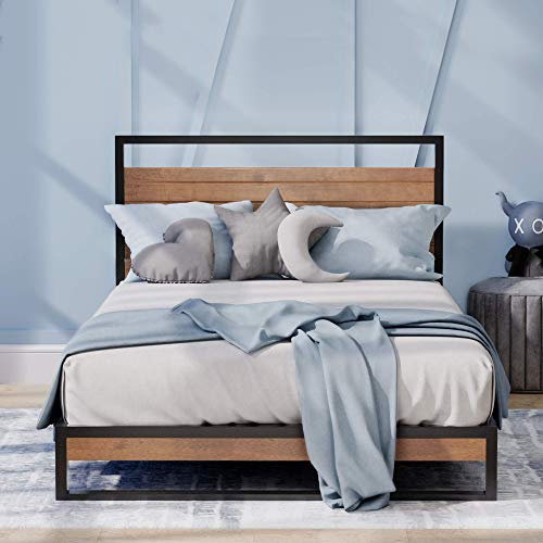 Zinus Suzanne Single Bed frame - Bed 90x190 cm - 18 cm Height - Metal and Wood Platform Bed frame - Chestnut Brown and Black