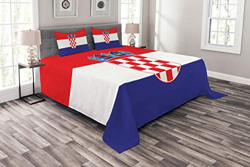 ABAKUHAUS Kroatien Tagesdecke Set, Einfaches Design Flagge Druck, Set mit Kissenbezügen Moderne Designs, für Doppelbetten 220 x 220 cm, Vermilion Indigo Weiß