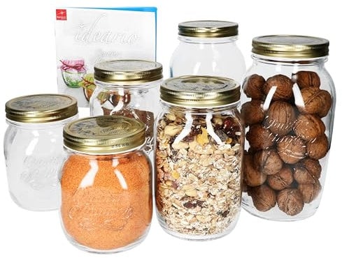Bormioli Rocco Quattro Stagioni, set di barattoli per conserve, 0,7 l, 1 l, 1,5 l, con coperchio in metallo dorato, con guarnizione in gomma, accessori da cucina
