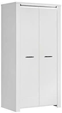 FORTE BRUGIA Schrank 95 100, Kleiderschrank mit LED Beleuchtung, Drehtürenschrank Industrial, 2-türig, Weiß Hochglanz / Weiß Matt / Betonoptik Dunkelgrau, 96 cm breit x 197.5 cm hoch x 60 cm tief