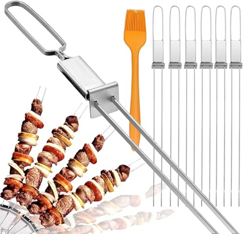 Skewers for Grilling- 17 inch (6 Pack) Double Pronged Flat Stainless Steel BBQ Skewer with Push Bar- Kabob Skewers Skewer Sticks for Camping or family - Reusable, BBQ Accessories
