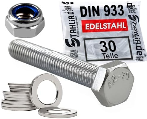 Stahlia 10 Sechskantschrauben 10 Unterlegscheiben & 10 Muttern Set Edelstahl M3 x 30 mm Vollgewinde (30 Teile) DIN 933|125|985 Maschinenschrauben Außensechskant