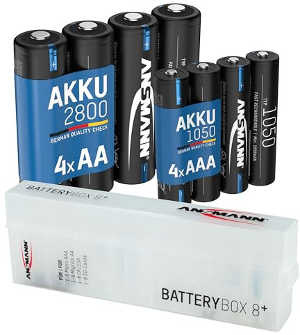Ansmann 4X Akku AA Typ 2800mAh (min. 2650mAh) + 4X AAA Akku 1050mAh + Akkubox - NiMH 1,2V Batterien wiederaufladbar, hohe Kapazität für hohen Strombedarf 1300-0018-590 Silber
