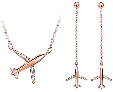 Yumilok Damen Schmuck Set Flugzeug Anhänger Halskette und Ohrringe Set Zirkonia Schmuck für Frauen 925 Sterling Silber