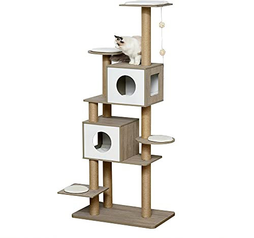 PawHut Árbol Rascador Árbol para Escalar para Gatos Altura 177cm con Plataformas Cuevas Juguete Colgante Cojín Extraíble Postes de Yute Blanco y Marrón