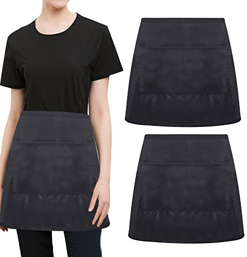 STCRERAG 2 Stück Kurze Schürze Polyester Küchenschürze mit 2 Stück Tasche Weiche Taille Schürze 63*45cm Schwarz Vorbinder Dauerhaft Kochschürzen profi Kellner Schürze für Putzen Backen Basteln Nähen