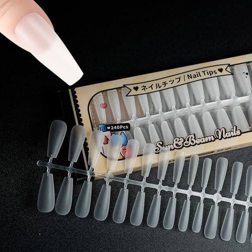 Sun&Beam Nails Fake Nails Tips Full Clear Acrylic Cover for Manicure Salons Nail Art 15 Sizes 240 Pcs (Long Coffin)