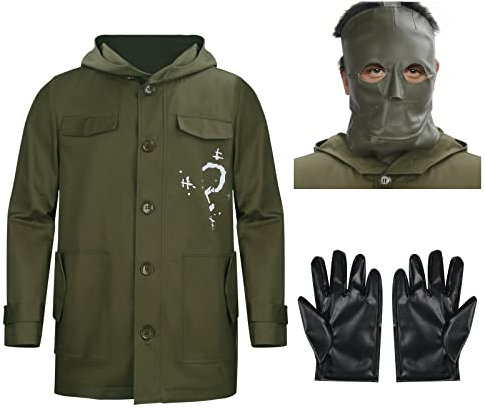 Armeegrün Riddler Jacke Cosplay Kostüm mit Maske Handschuhen Edward Bösewicht Frage Mark Mantel Halloween Cosplay Kostüm Requisiten (XXL)