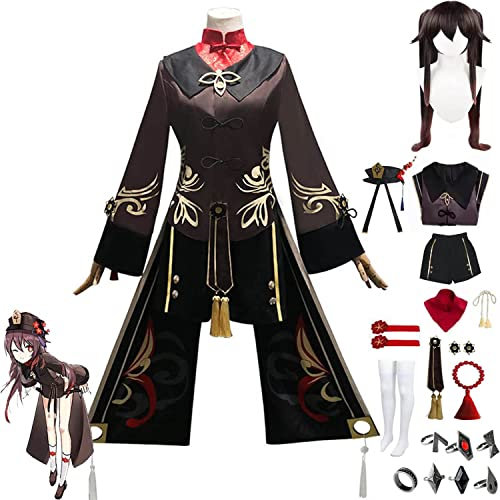 FIOOHG Genshin Impact Hu Tao Cosplay Kostüm Outfit Spiel Anime Charaktere Venti Uniform Kleid Full Set Halloween Party Dress Up Anzug mit Perückenhut für Frauen Mädchen, 3XL