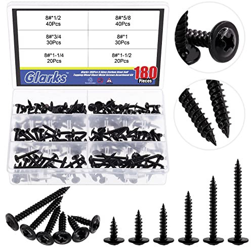 Glarks Set di viti autofilettanti in acciaio al carbonio zincato, 180 pezzi, 6 misure n. 8 x 1/2 , 5/8, 3/4, 1-1/4, 1-1/2