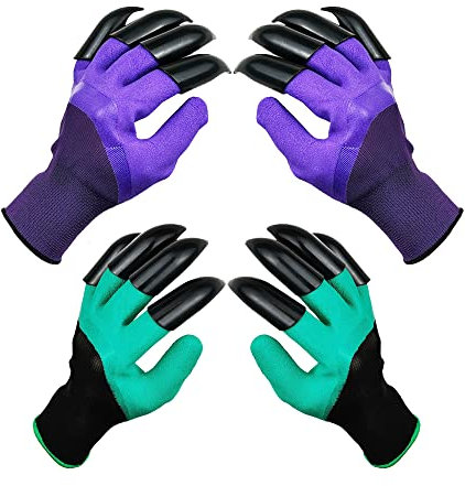 DCCPAA Gartenhandschuhe mit Krallen, 2 Paar (zwei Hände mit Krallen), zum Graben, Pflanzen, Jäten, Säen, wasserdicht, beste Gartengeschenke für Männer und Frauen, lila + grün